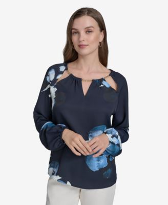 Halston - Women's Floral Chain Cut-Out Blouse