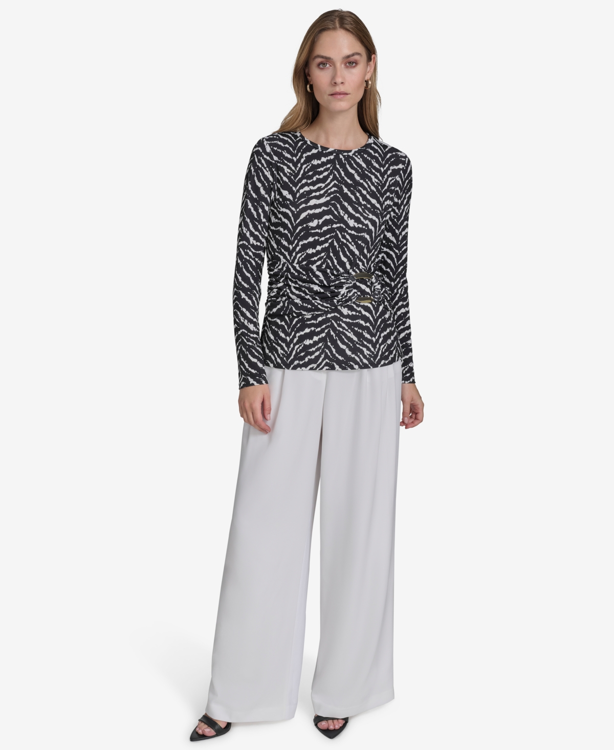 HALSTON WOMEN'S PRINTED SASH-WAIST LONG-SLEEVE TUNIC 