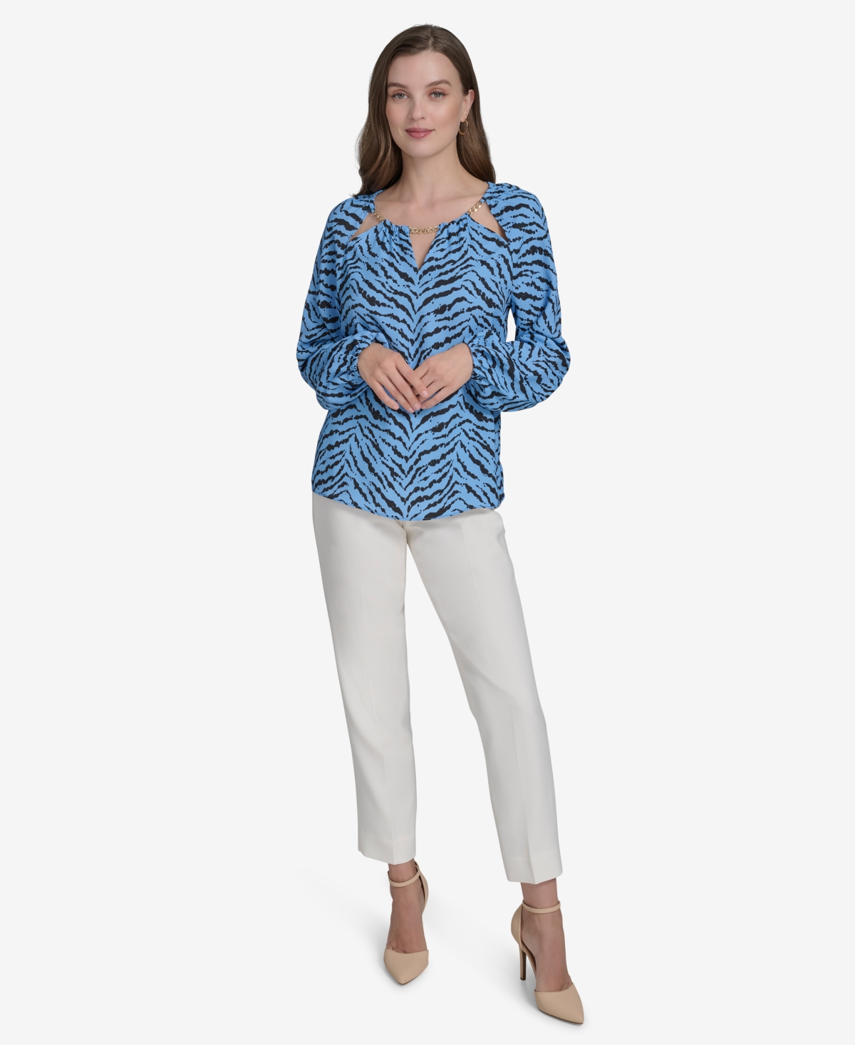 HALSTON WOMEN'S PRINTED CHAIN CUT-OUT BLOUSE 