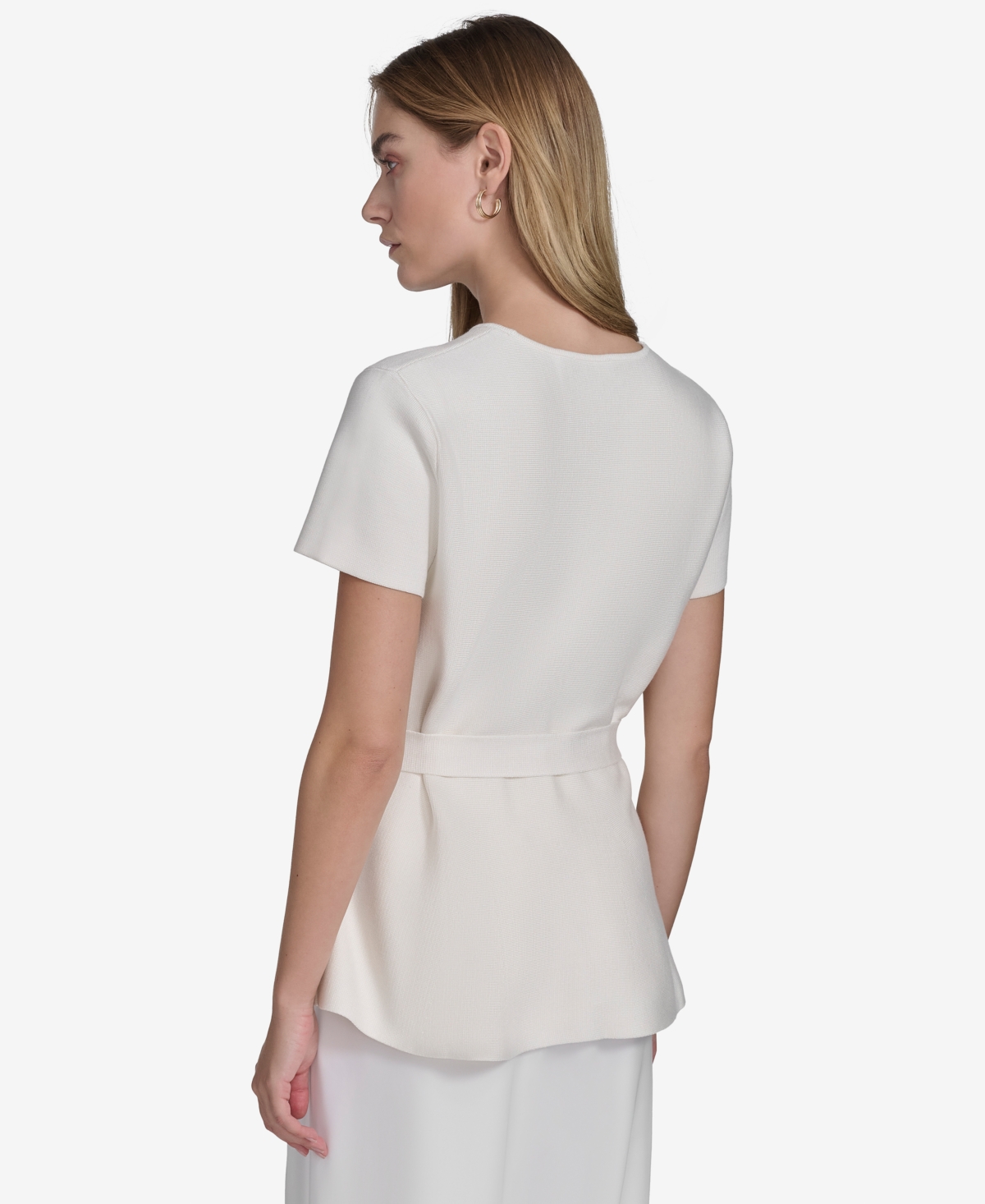HALSTON WOMEN'S SHORT-SLEEVE BELTED ROUND-NECK BLOUSE 