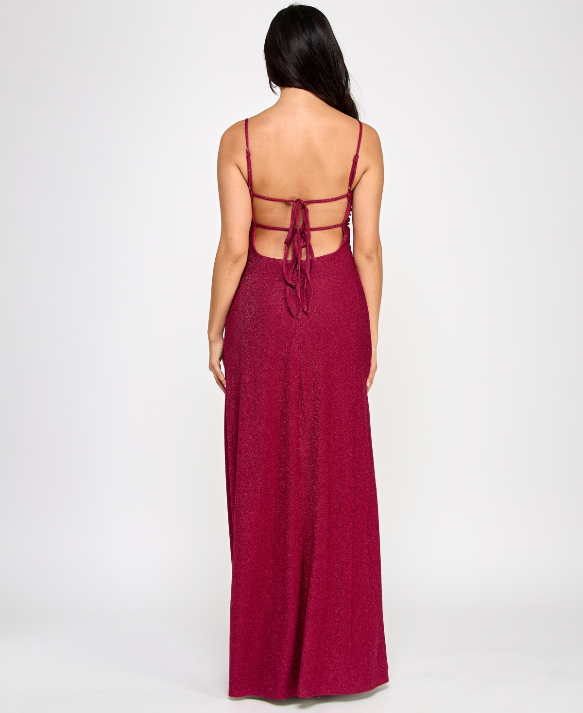 Jump Juniors' Glitter Tie-back Pleated-neck Gown, Created For Macy's In Wine