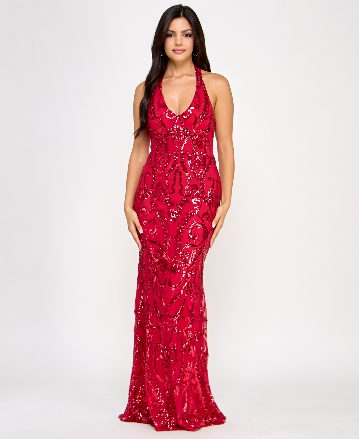 B Darlin Juniors' Sequined Halter-neck Evening Gown, Created For Macy's In Red,red