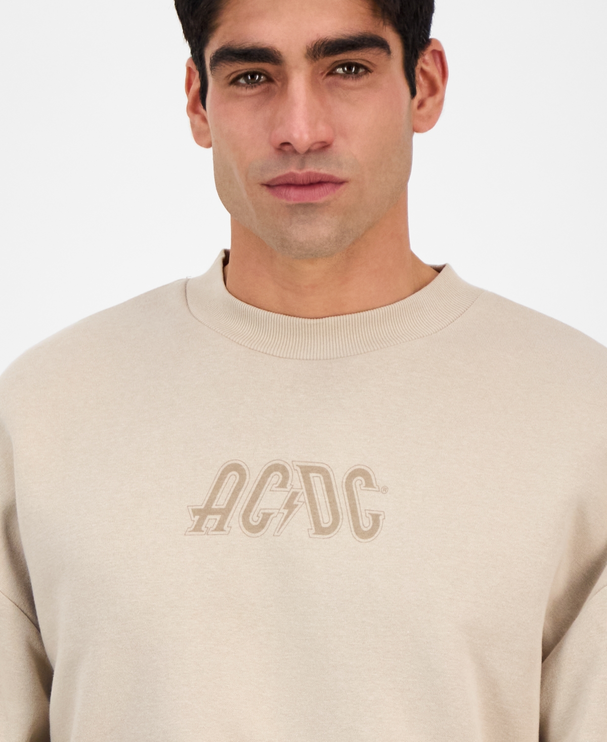 Tai Apparel Men's Ac/dc Relaxed Fit Long Sleeve Crewneck Graphic Sweatshirt In Beige