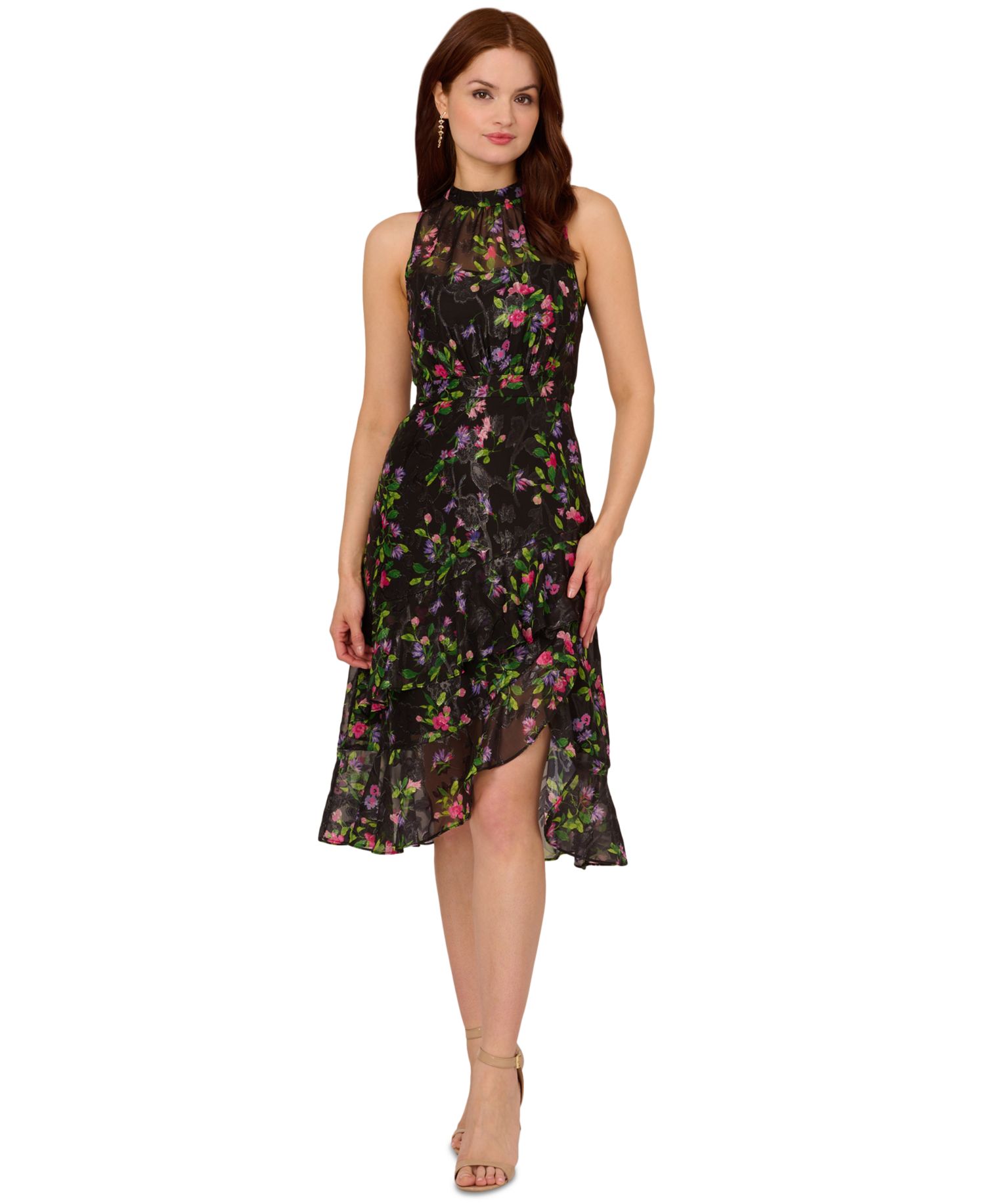 Women's Floral Print Ruffled Sleeveless A-Line Dress