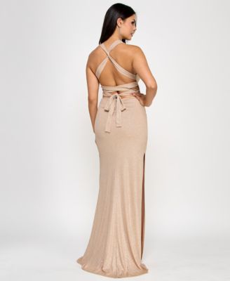 Juniors' Glitter-Knit Back-Tie V-Neck Gown