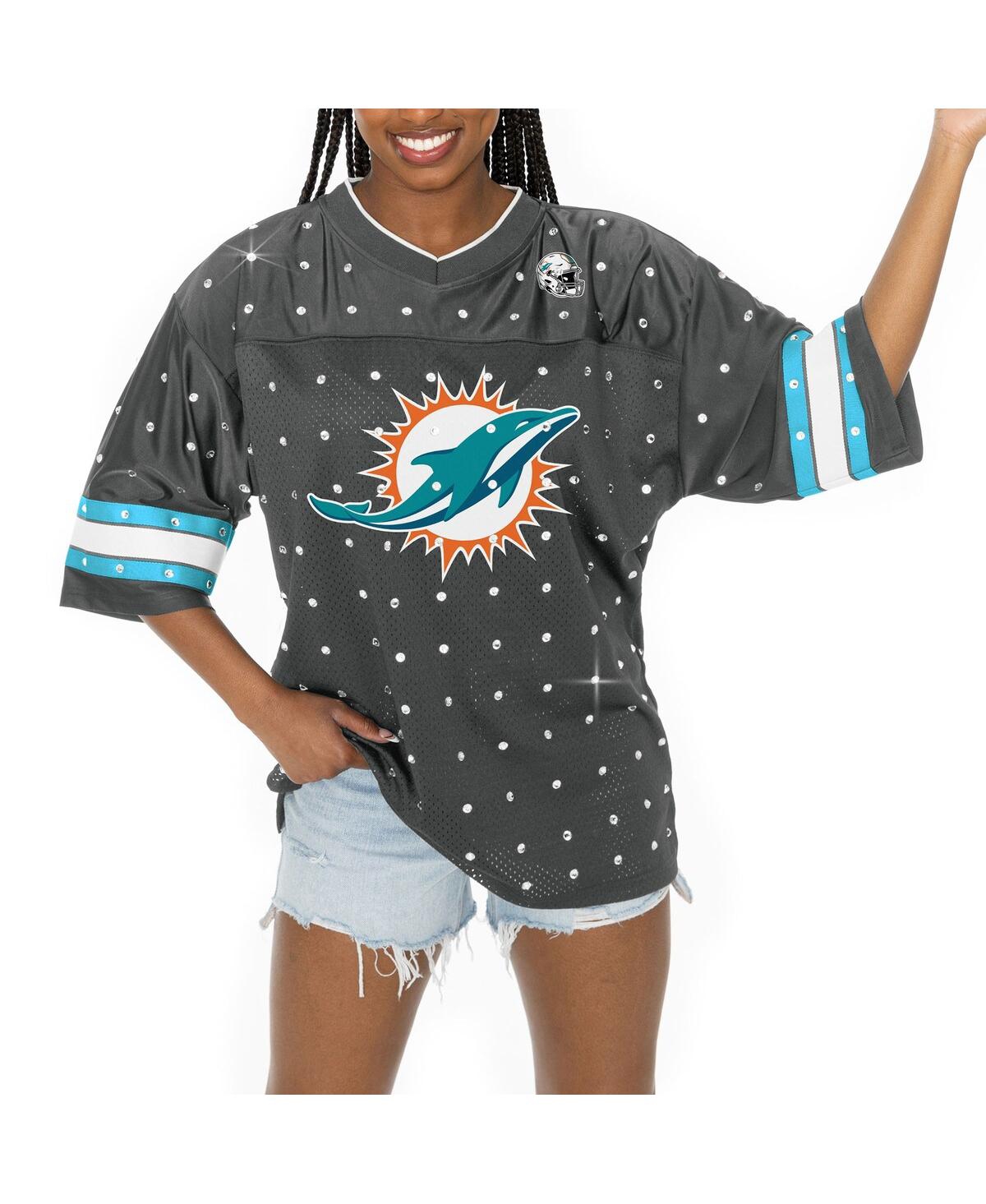 Gameday Couture Women's Anthracite Miami Dolphins Kickoff Time Allover Rhinestone Sports Stripe Jersey V-neck T-shir In Anthracite