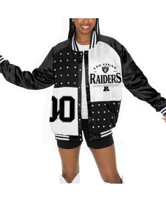 Women's Black/White Las Vegas Raiders Oversized Hot Shot Rhinestone Throwback Full-Snap Varsity Bomber Jacket