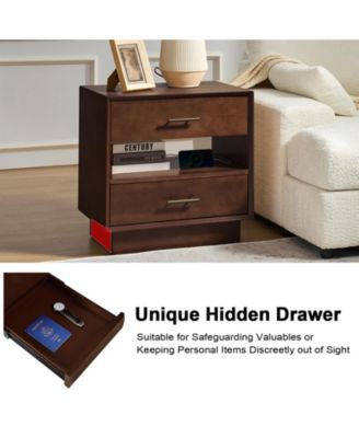 Zulema Mid-Century Modern 2-Drawer Nightstand with Built-In Outlets and Hidden Drawer