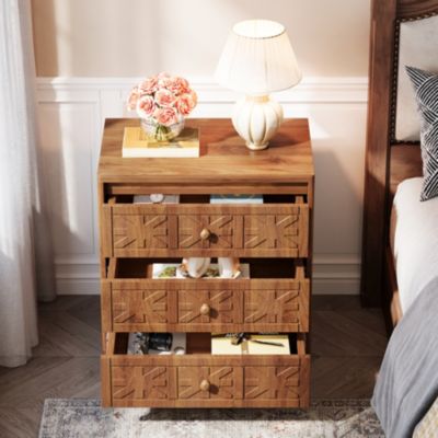 Nightstand with 3 Drawers Set of 2, Farmhouse Bedside Table with Elegant Patterns, Brown