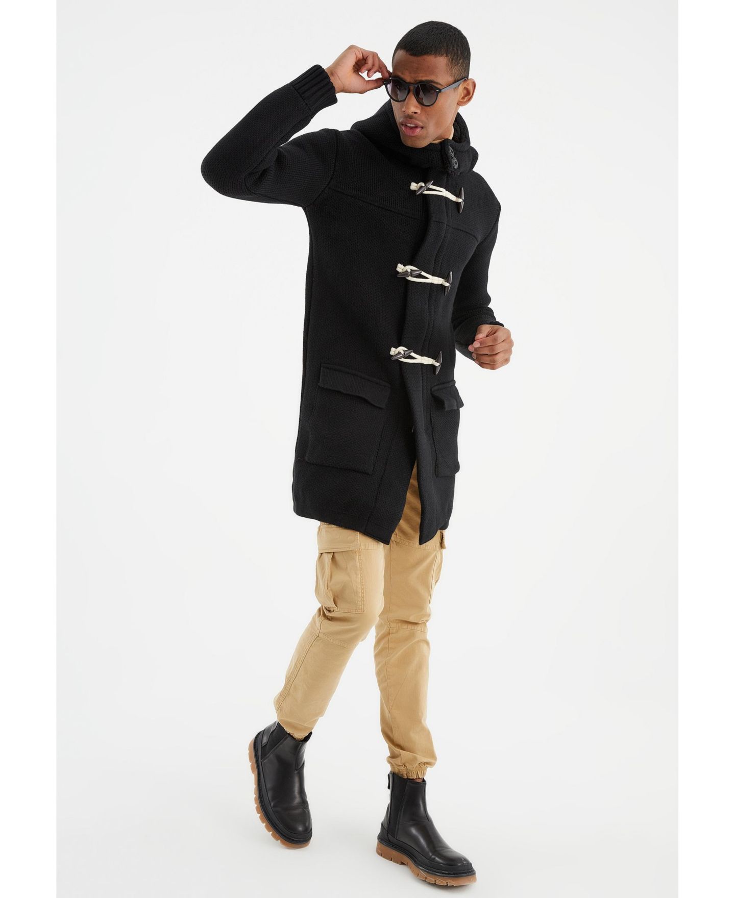 Мужской кардиган Leif Nelson Men s Long Hooded Knit Coat-Style Cardigan with Toggle Closure, цвет: Чёрный — фото 3