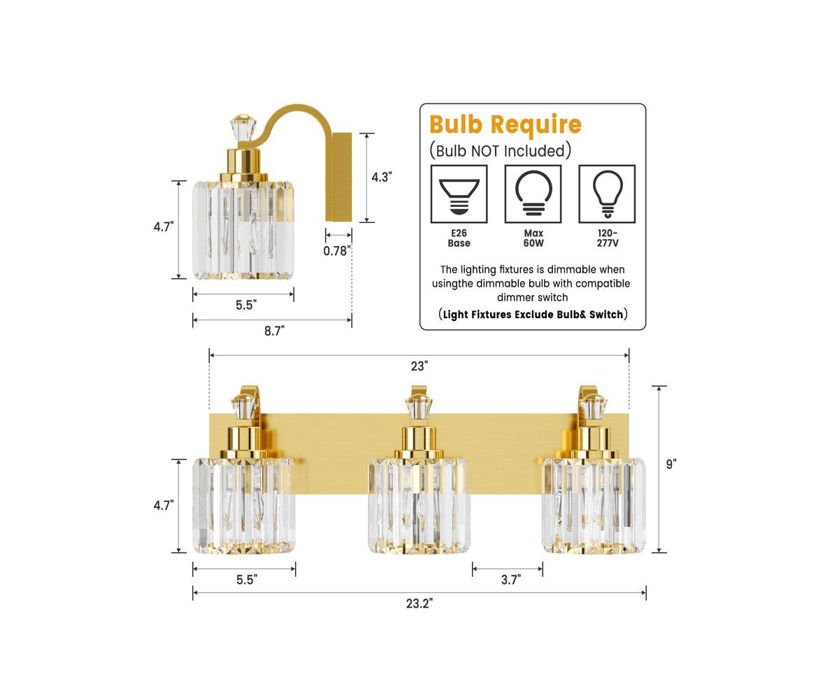 gaomon Modern Crystal Bathroom Vanity Lights Gold Bathroom Light Fixtures Crystal Vanity Shower Lights Over Mirror, Mirror Glass Crystal Bathroom Vani
