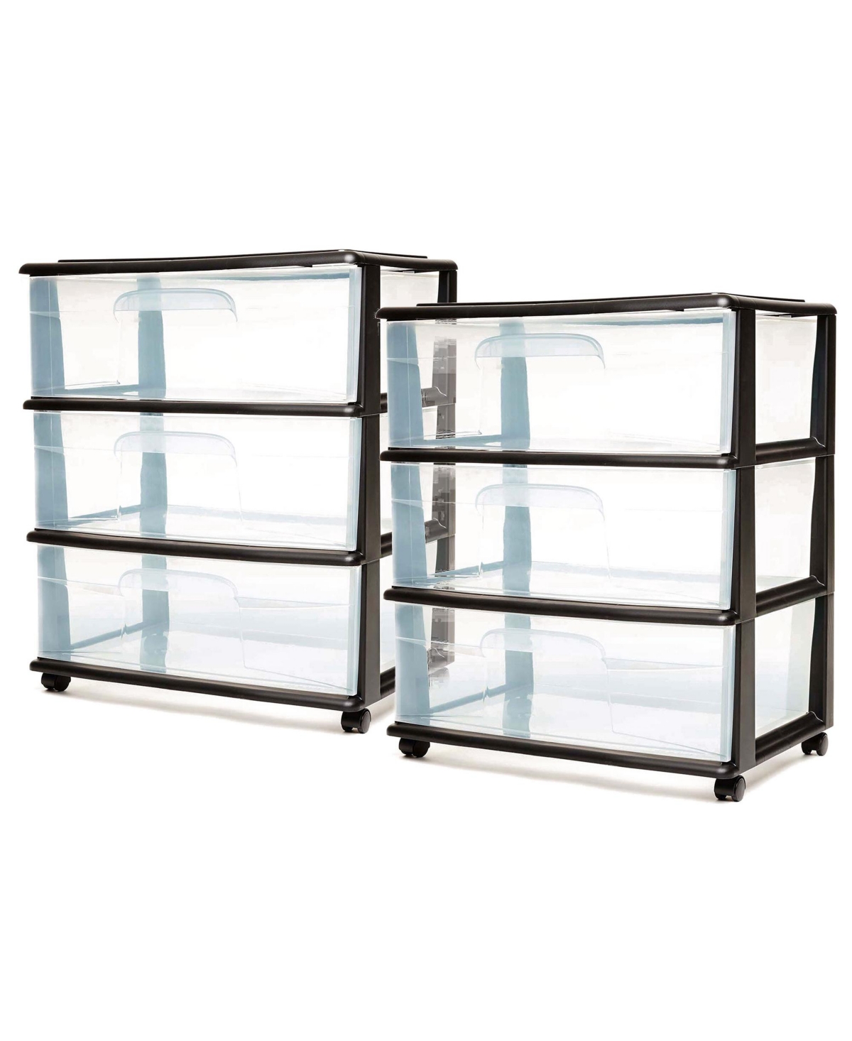 Tall Solid Plastic 3 Drawer Medium Storage Cart with Wheels, Black (2 Pack)