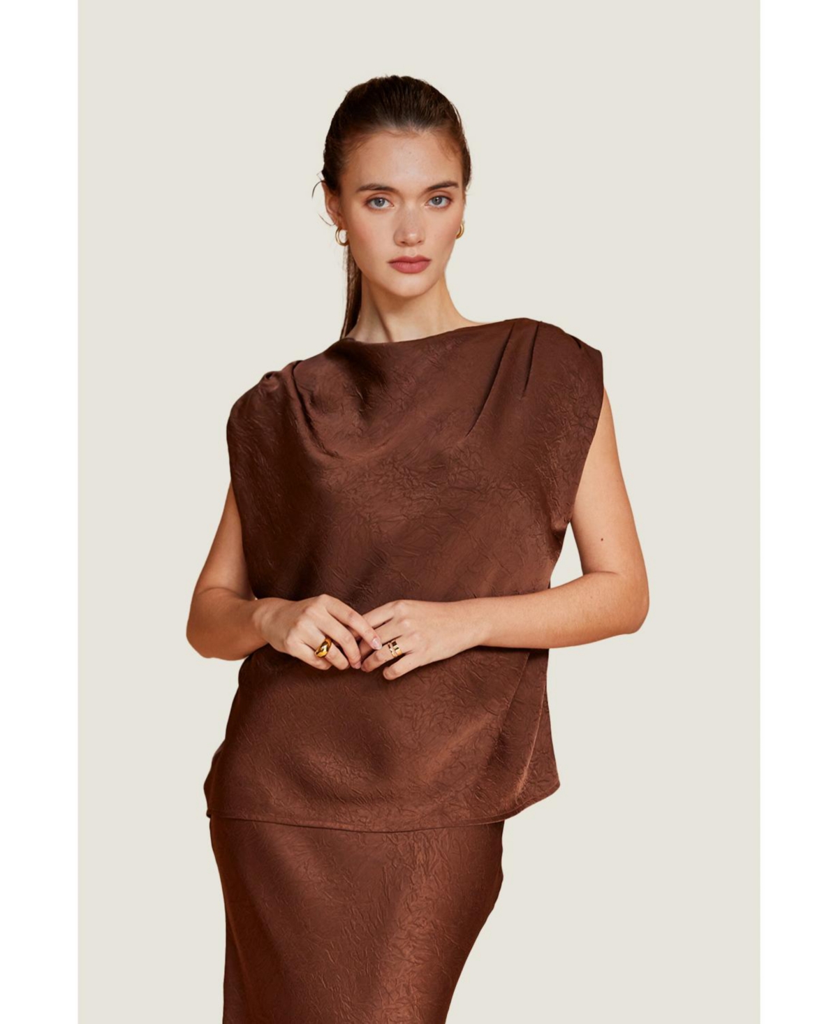 Women's Claire Cowl Neck Crushed Satin Top - Brown + espresso