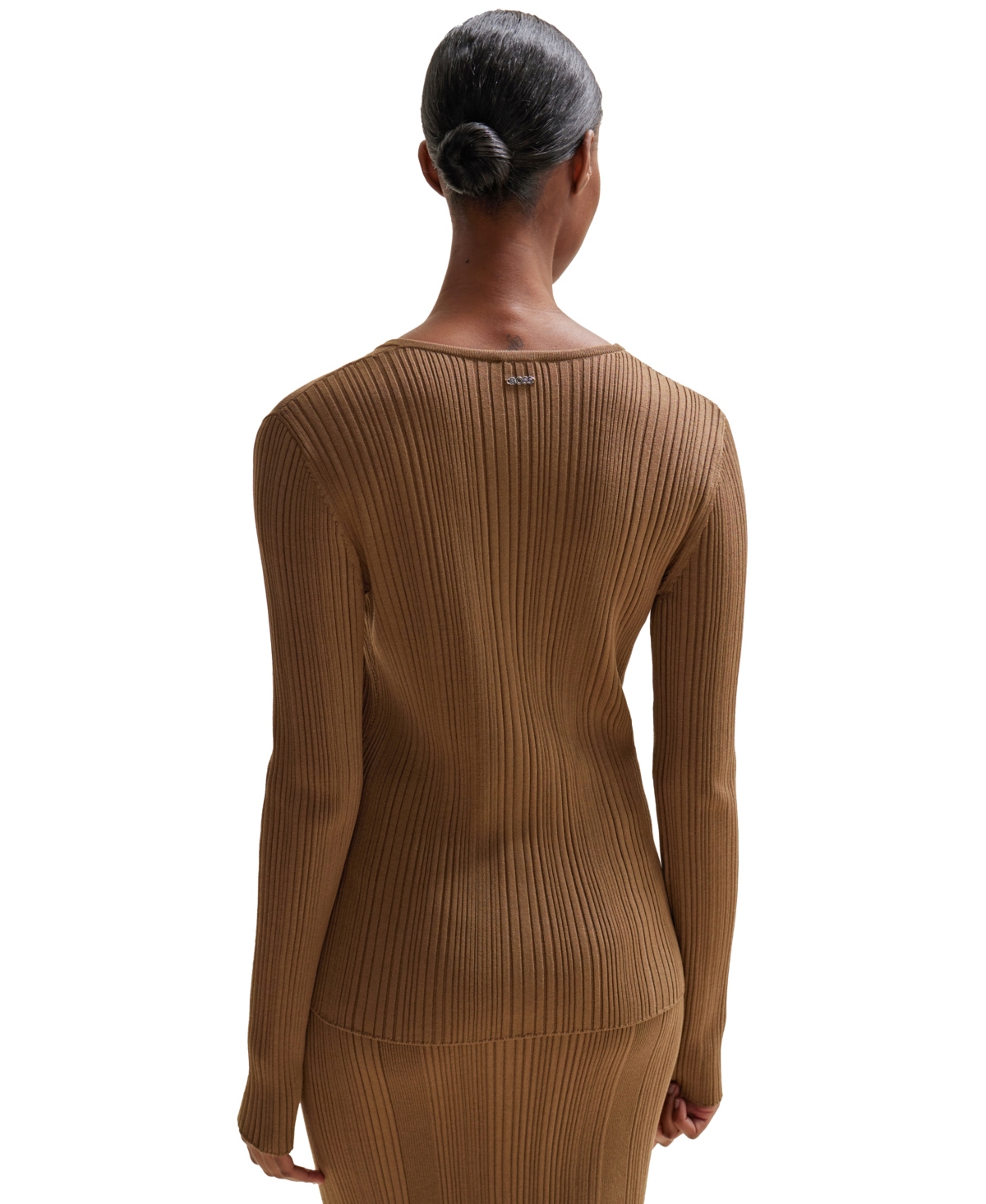 Hugo Boss Ribbed Cardigan In Stretch Fabric With Hook Closures In Open Brown