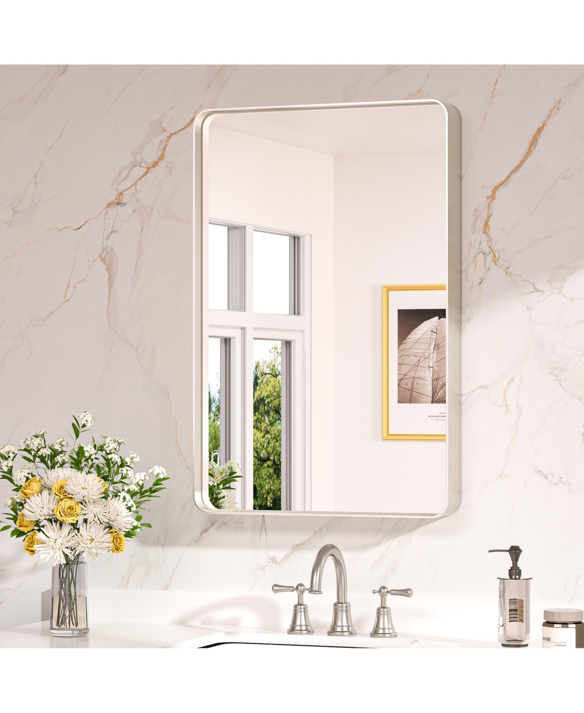 20x30 Inch Brushed Gold Bathroom Vanity Mirror Tempered Glass Metal Framed - White