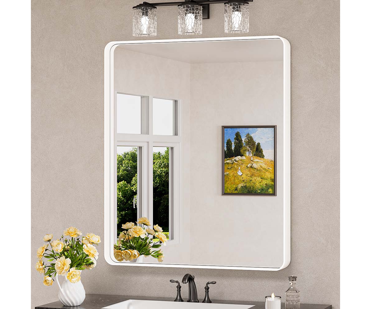 30x36 Inch Brushed Gold Bathroom Vanity Mirror Tempered Glass Metal Framed - White