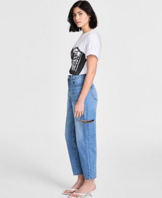 Women's Cotton Cut-Out Slash Barrel-Leg Denim Pants, Exclusively at Macy's
