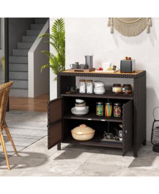 Rattan Storage Cabinet with Acacia Wood Countertop for Poolside Deck and Patio