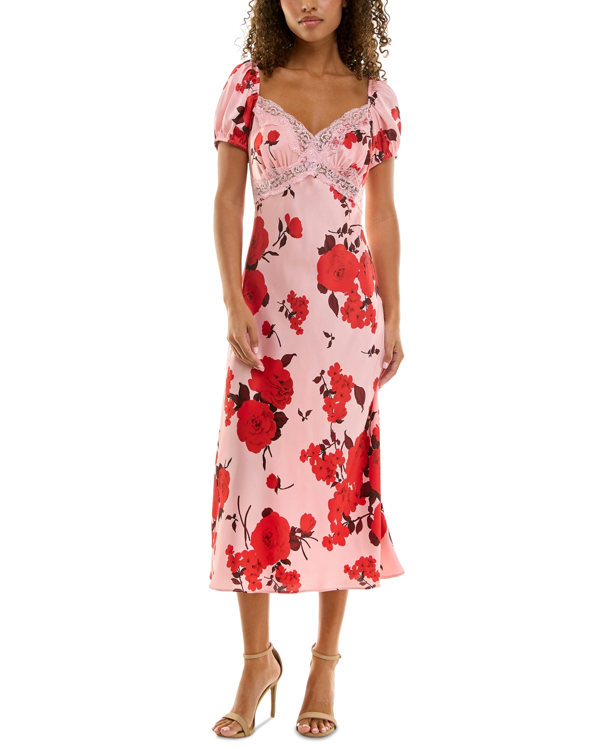 Juniors' Lace-Trim Floral-Print Midi Dress - Pink