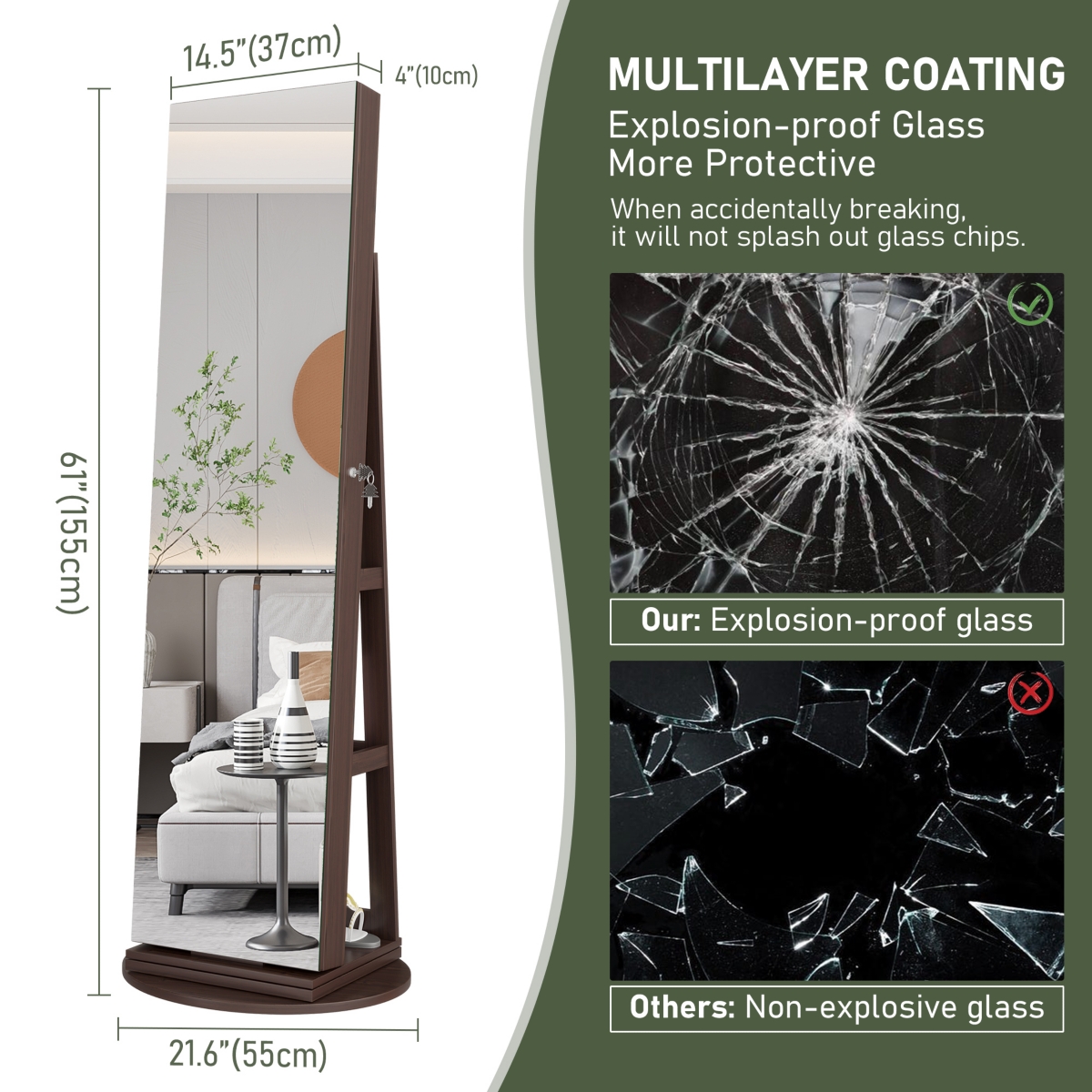 Vlsrka A 360° swivel standing jewelry mirror cabinet with storage shelves, full-length mirror, and Led lights.