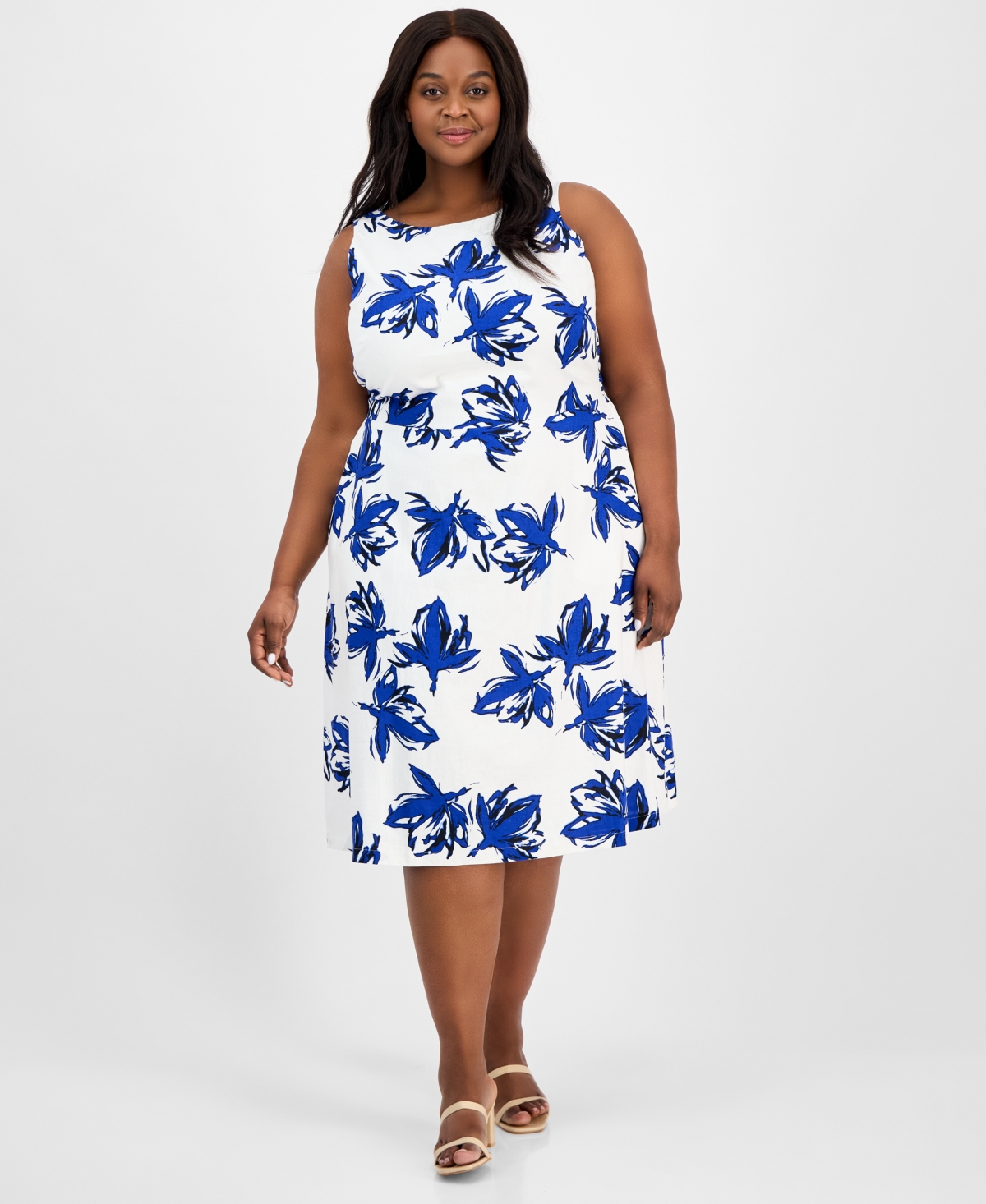 Anne Klein Plus Size Floral-print Linen-blend Fit & Flare Dress In Santorini Blue Multi