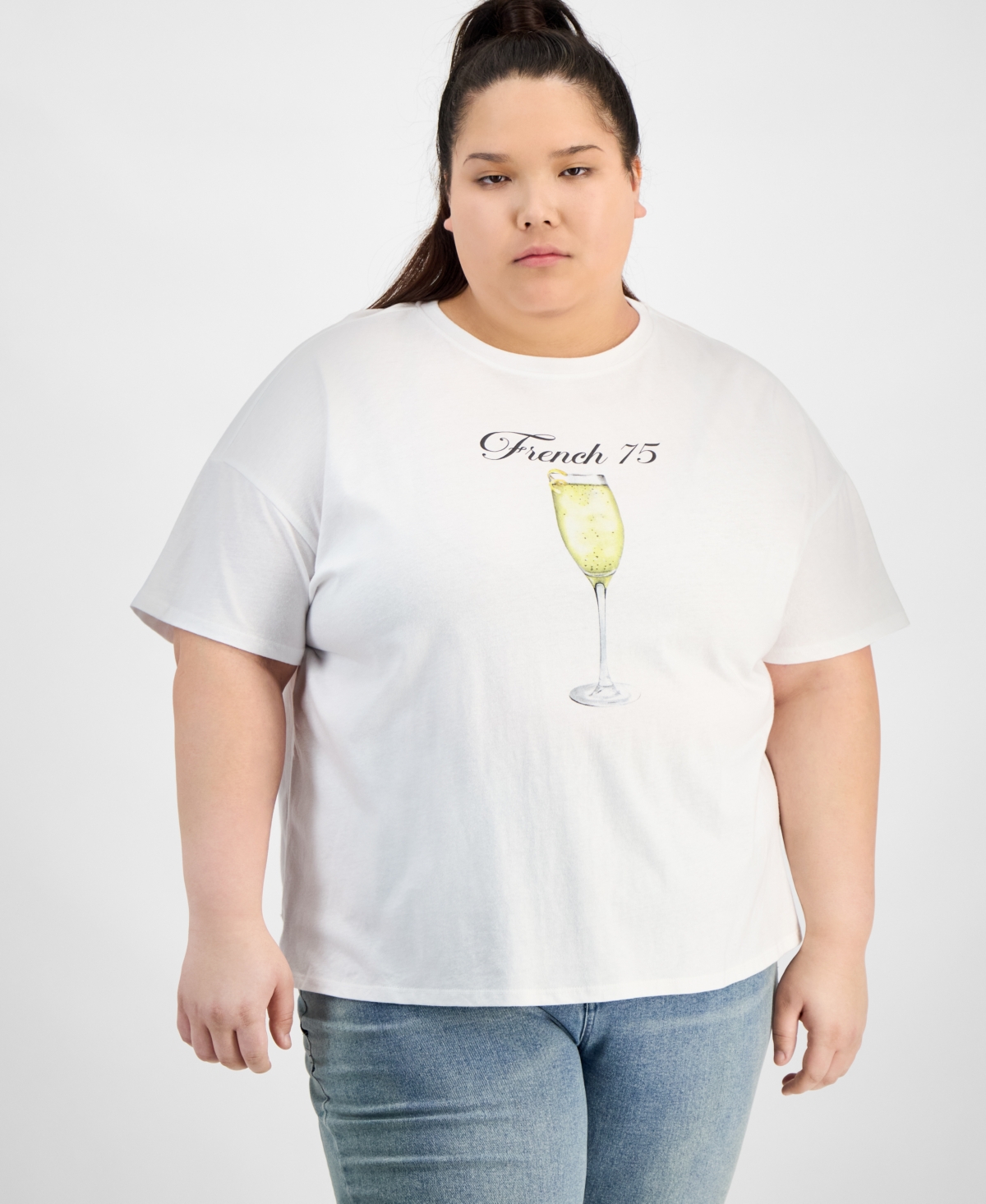 Trendy Plus Size Cotton French 75 Graphic Tee, Exclusively at Macy's - Bright White