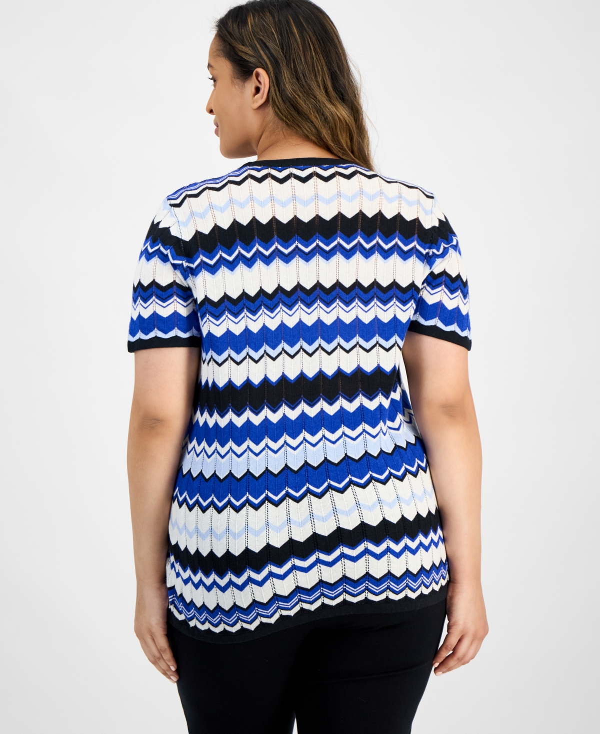 ANNE KLEIN PLUS SIZE CHEVRON-KNIT SHORT-SLEEVE SWEATER 