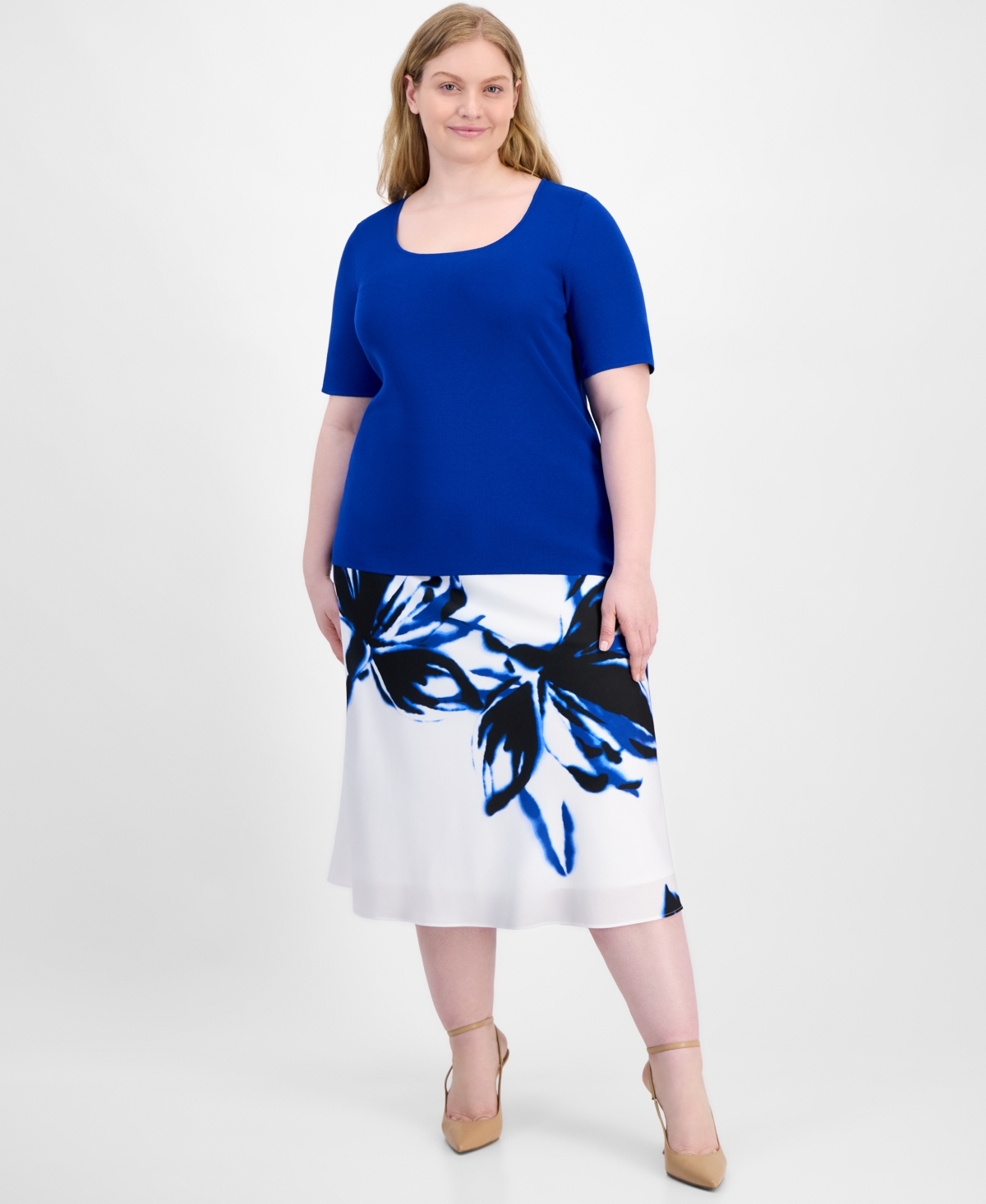 Anne Klein Plus Size Square Neck Sweater Printed Flared Skirt In Santorini Blue