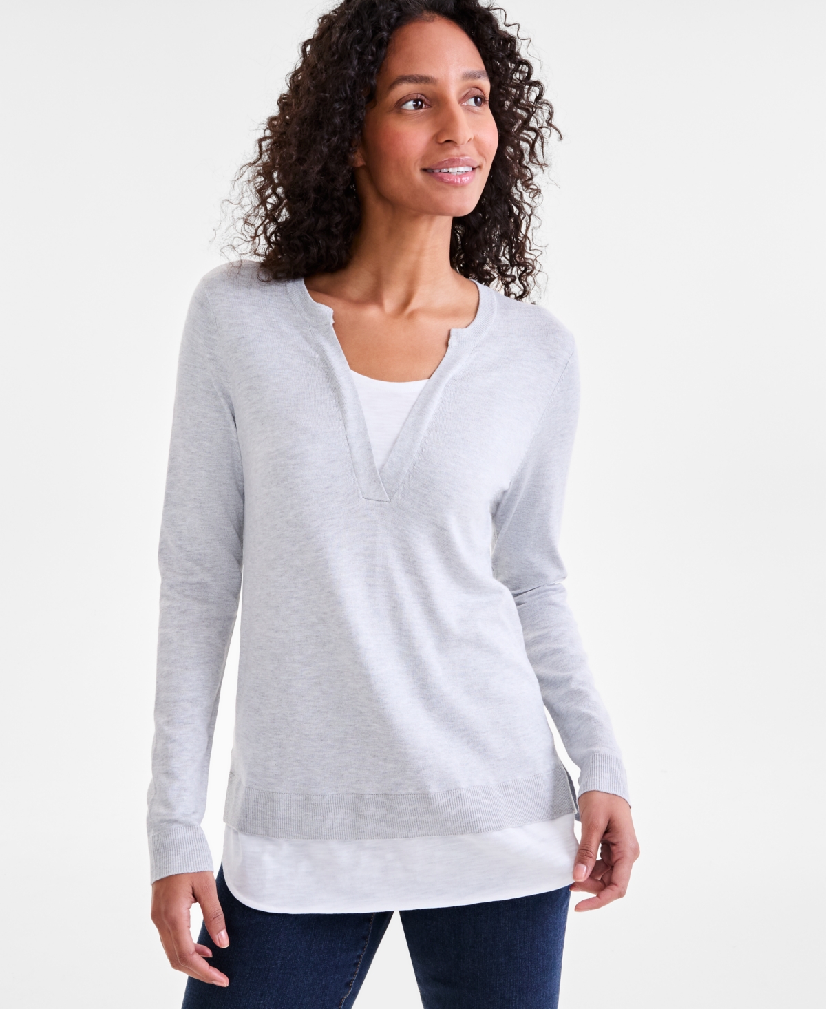 Style & Co Women's Split-neck Two-for-one Sweater, Exclusively Art Macy's In Sky Grey Heather