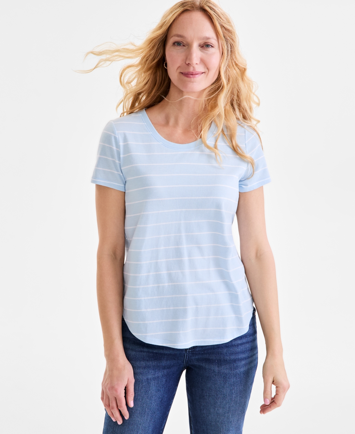 Style & Co Women's Printed Crewneck Short-sleeve T-shirt, Exclusively At Macy's In Blue Stripe