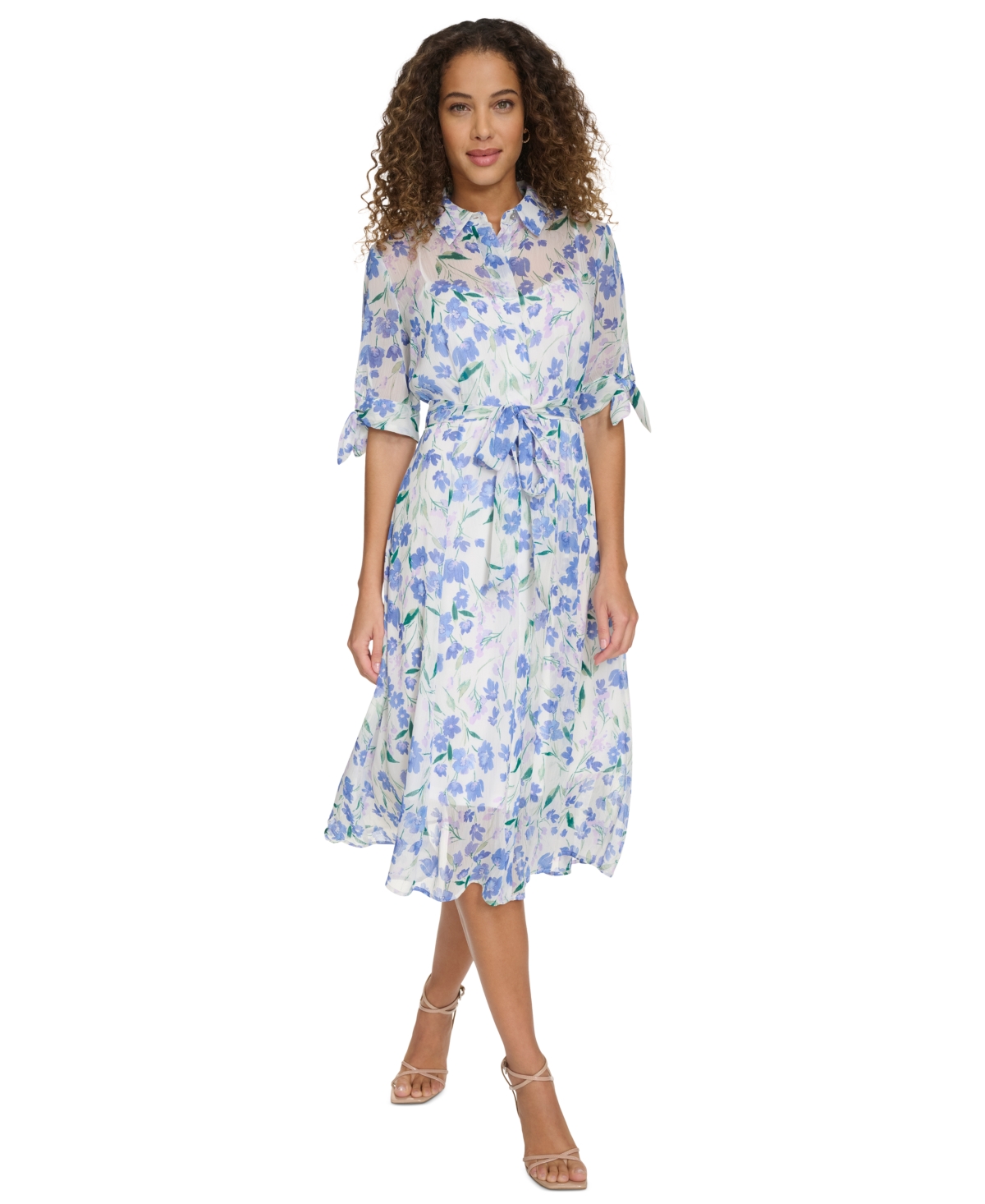 Shop Calvin Klein Women's Floral-print Button-front Chiffon Dress In Cream Multi