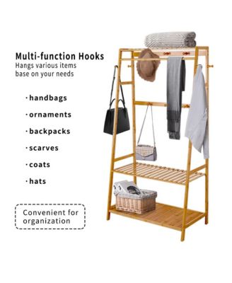 Bamboo Clothes Rail Stand Garment Storage Rack with Shoe Shelf for Bedroom and Living Room