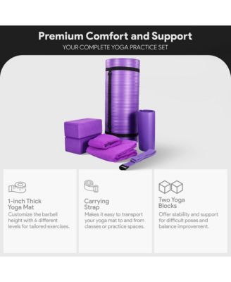 7 Piece Yoga Set with Mat, Stretch Strap, & Knee Pad, Purple