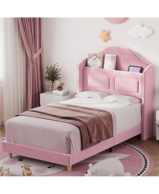 Upholstered Twin Bed Frame with LED Lights, Velvet Platform Bed Frame with Wing Back Storage Headboard, Wood Slats Support, No Box Spring Needed, Easy Assembly