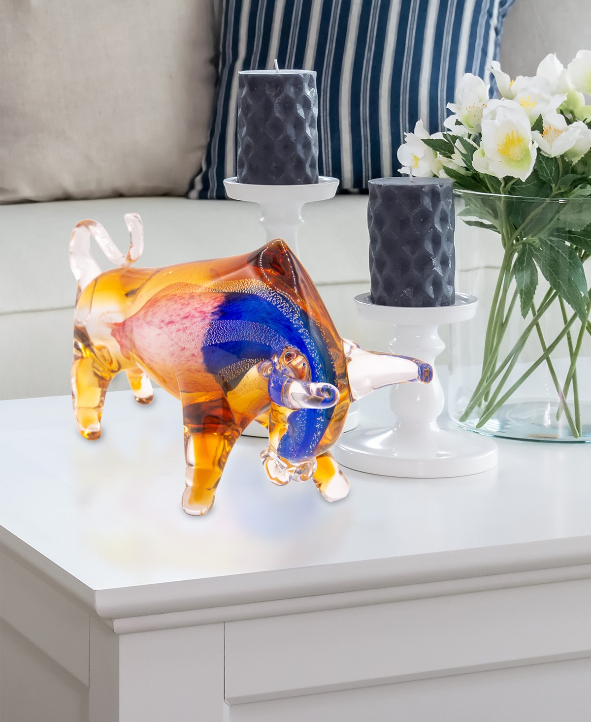 Dale Tiffany Rave Art Glass Bull Figurine In Blue