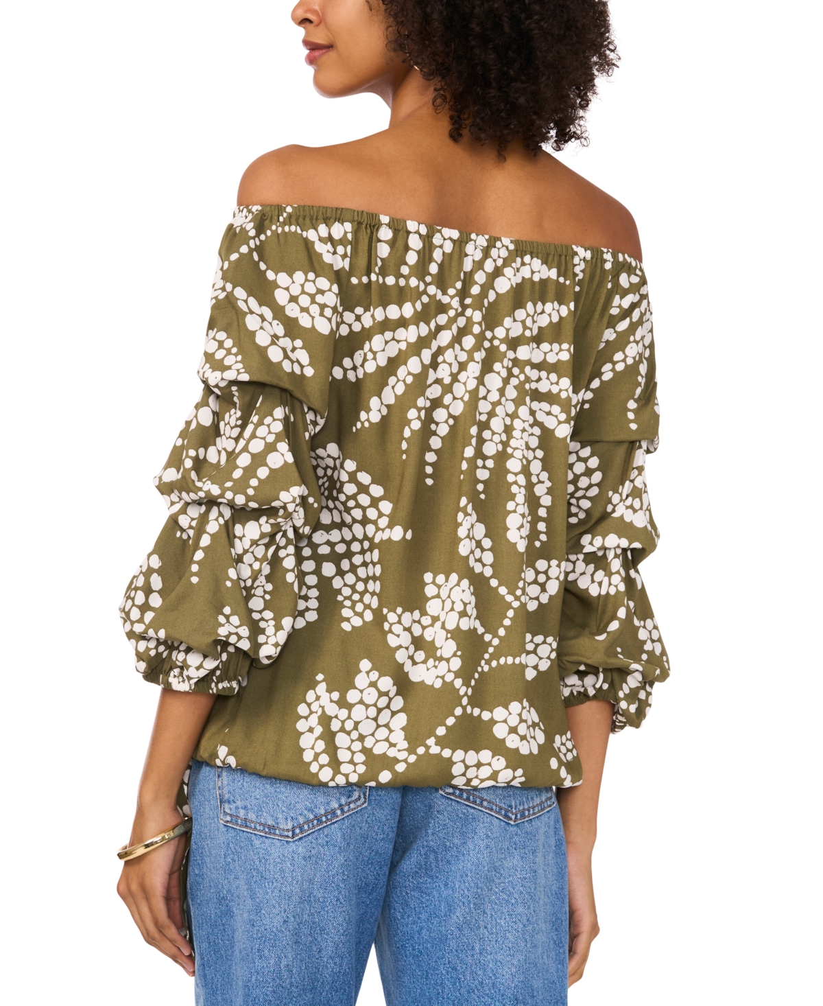 VINCE CAMUTO WOMEN'S TROPICAL-PRINT OFF-THE-SHOULDER BUBBLE 3/4-SLEEVE TIE-FRONT BLOUSE 