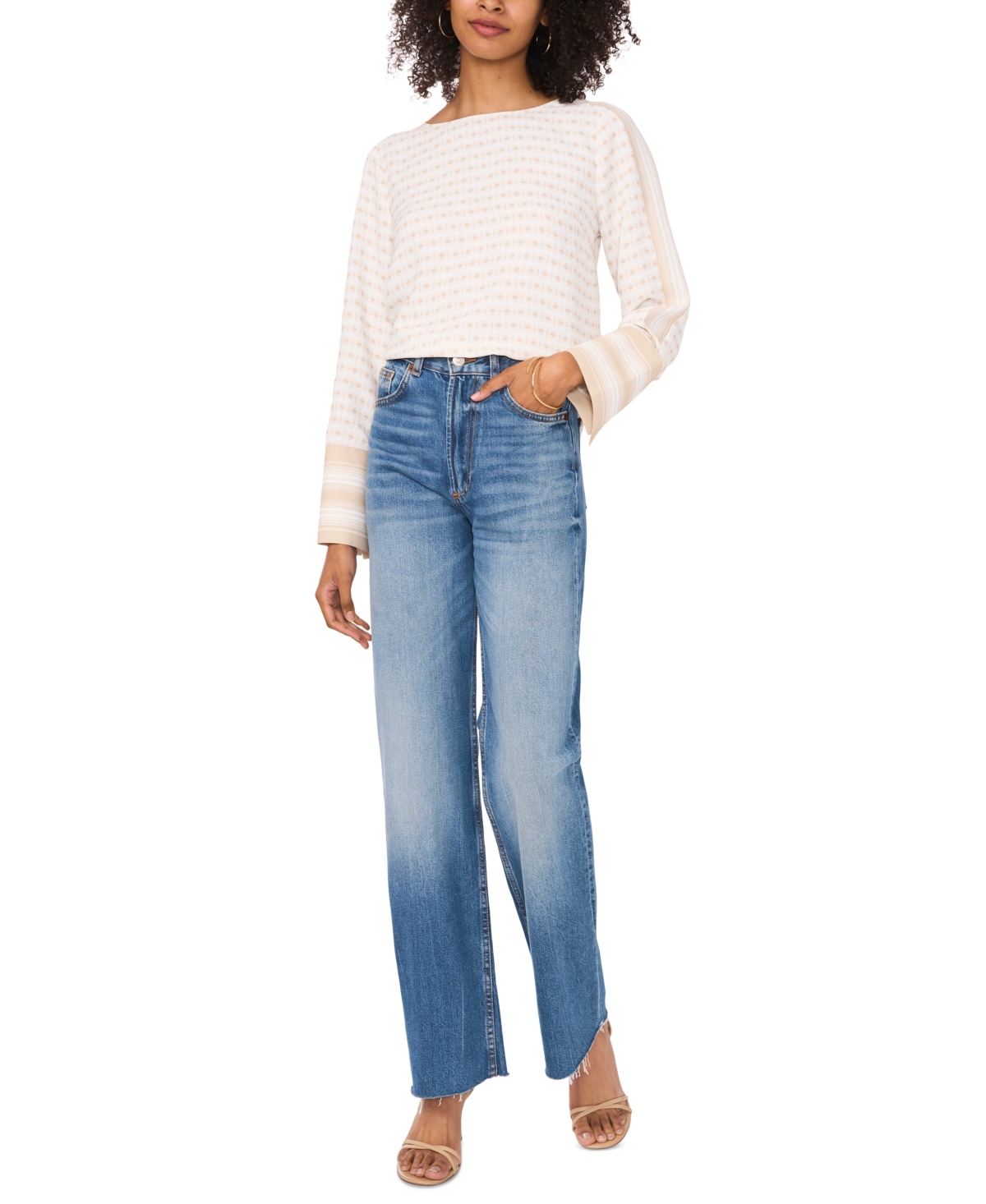 VINCE CAMUTO WOMEN'S PRINTED WIDE-CUFF BOAT-NECK TOP 