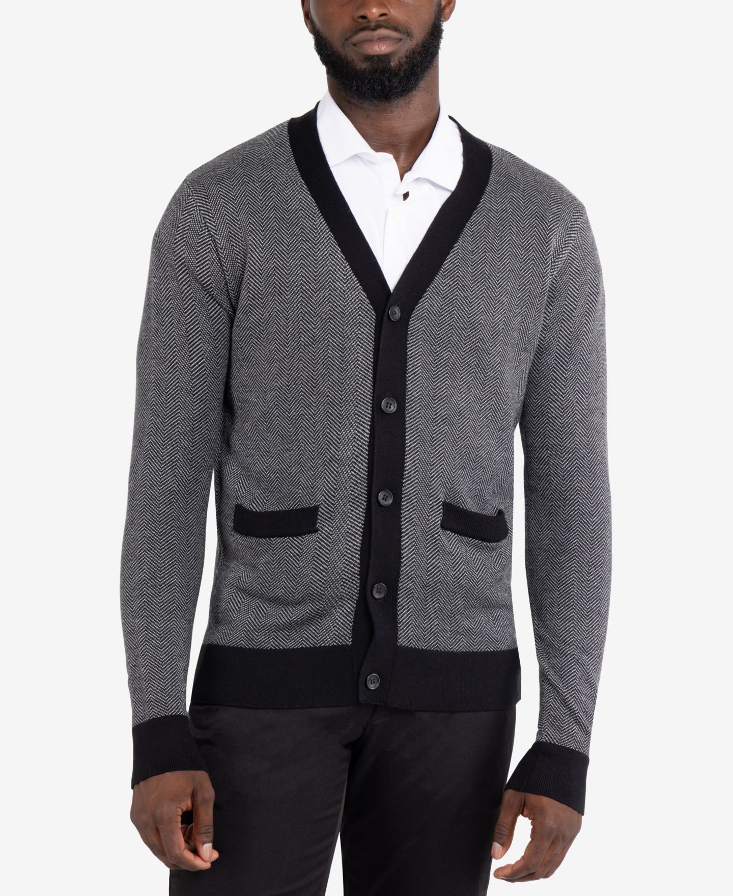 Мужской кардиган X-Ray Herringbone Cardigan, цвет: Молочный белый / Чёрный — фото 1