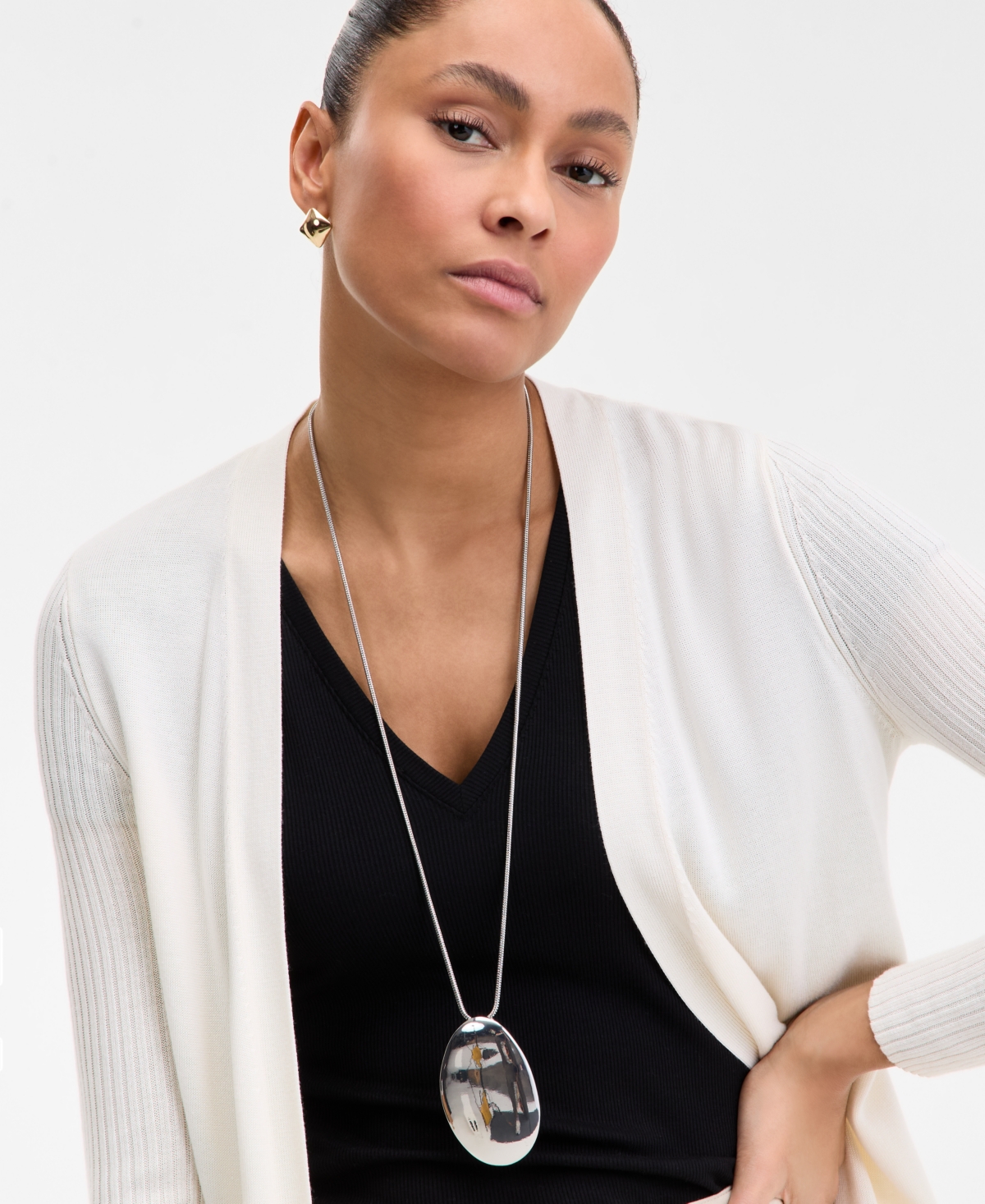 INC INTERNATIONAL CONCEPTS SILVER-TONE SCULPTURAL DISC LONG PENDANT NECKLACE, 33" + 3" EXTENDER, EXCLUSIVELY AT MACY'S 
