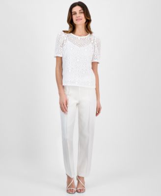 売れ筋商品|||アンクライン カットソー トップス レディース Petite Crewneck Short-Puff-Sleeve Lace Top Bright White Anne Klein Petite Crewneck Short-Puff-Sleeve Lace Top - Macy's