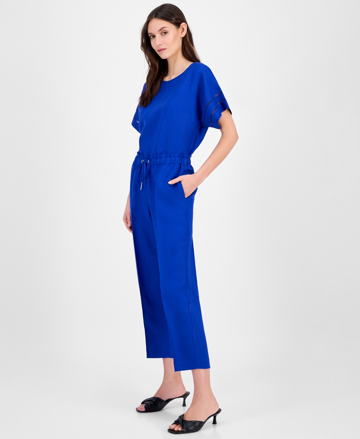 Anne Klein Women's Linen Blend Drawstring-waist Ankle Pants In Santorini Blue