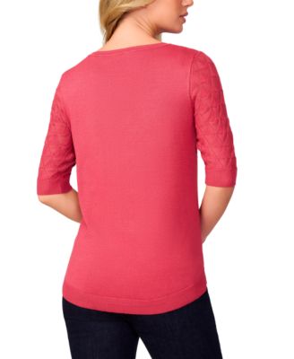 Women's Yoke Wave Stitch Elbow-Sleeve Sweater