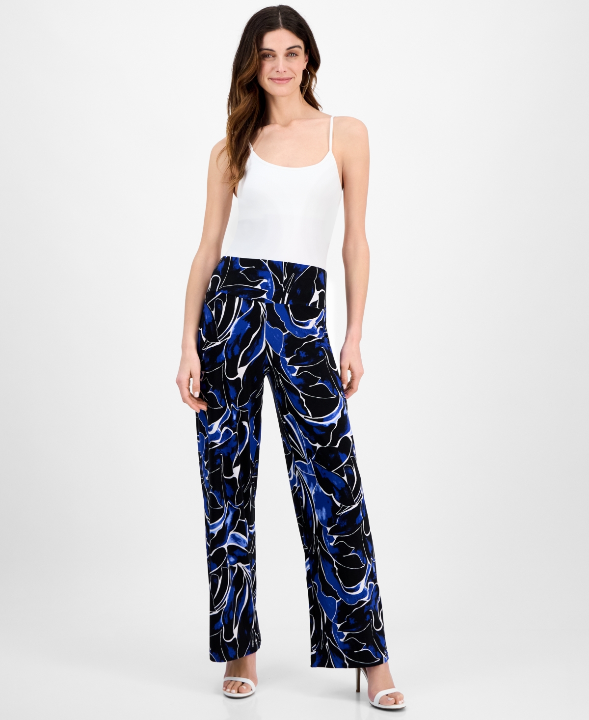 Shop Anne Klein Women's Printed Pull-on Wide-leg Pants In Santorini Blue Multi