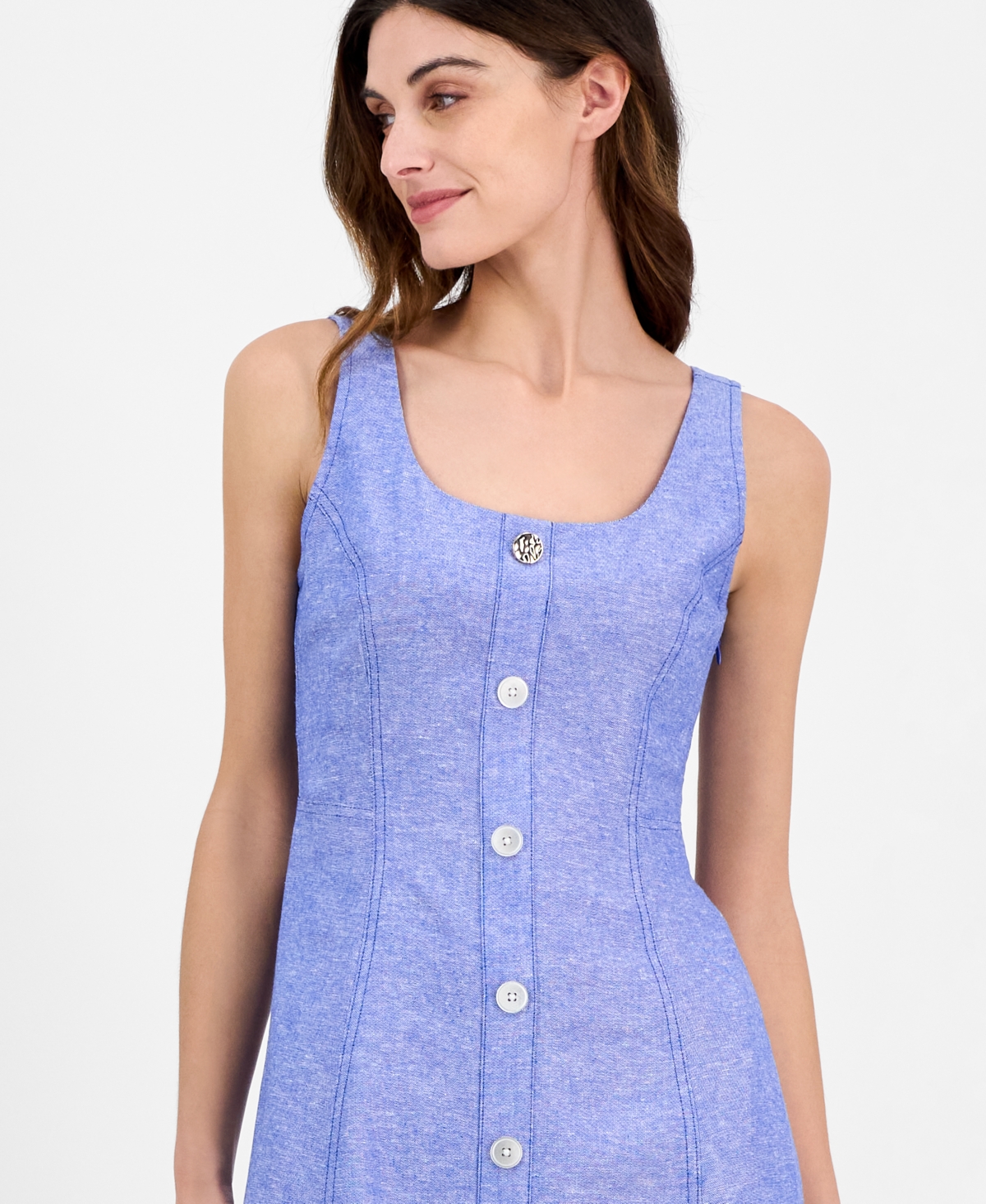 ANNE KLEIN WOMEN'S LINEN BLEND SLEEVELESS BUTTON-FRONT A-LINE DRESS 