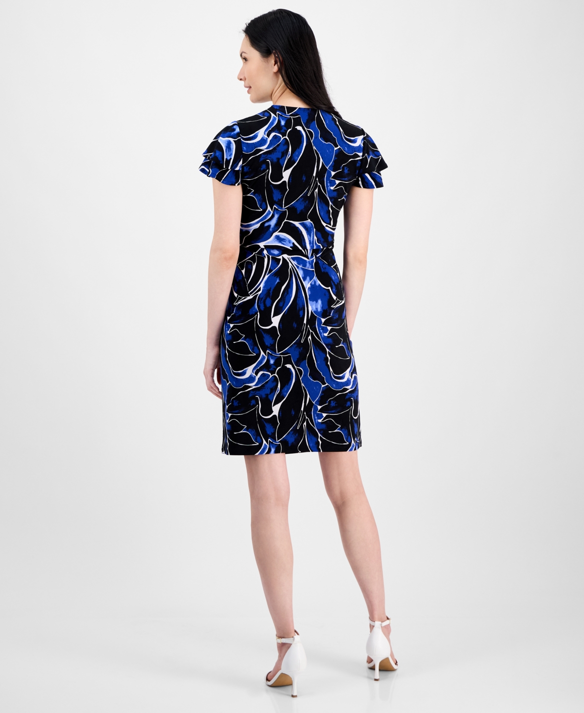 Anne Klein Abstract Print Flutter Sleeve Wrap Dress In Santorini Blue Multi