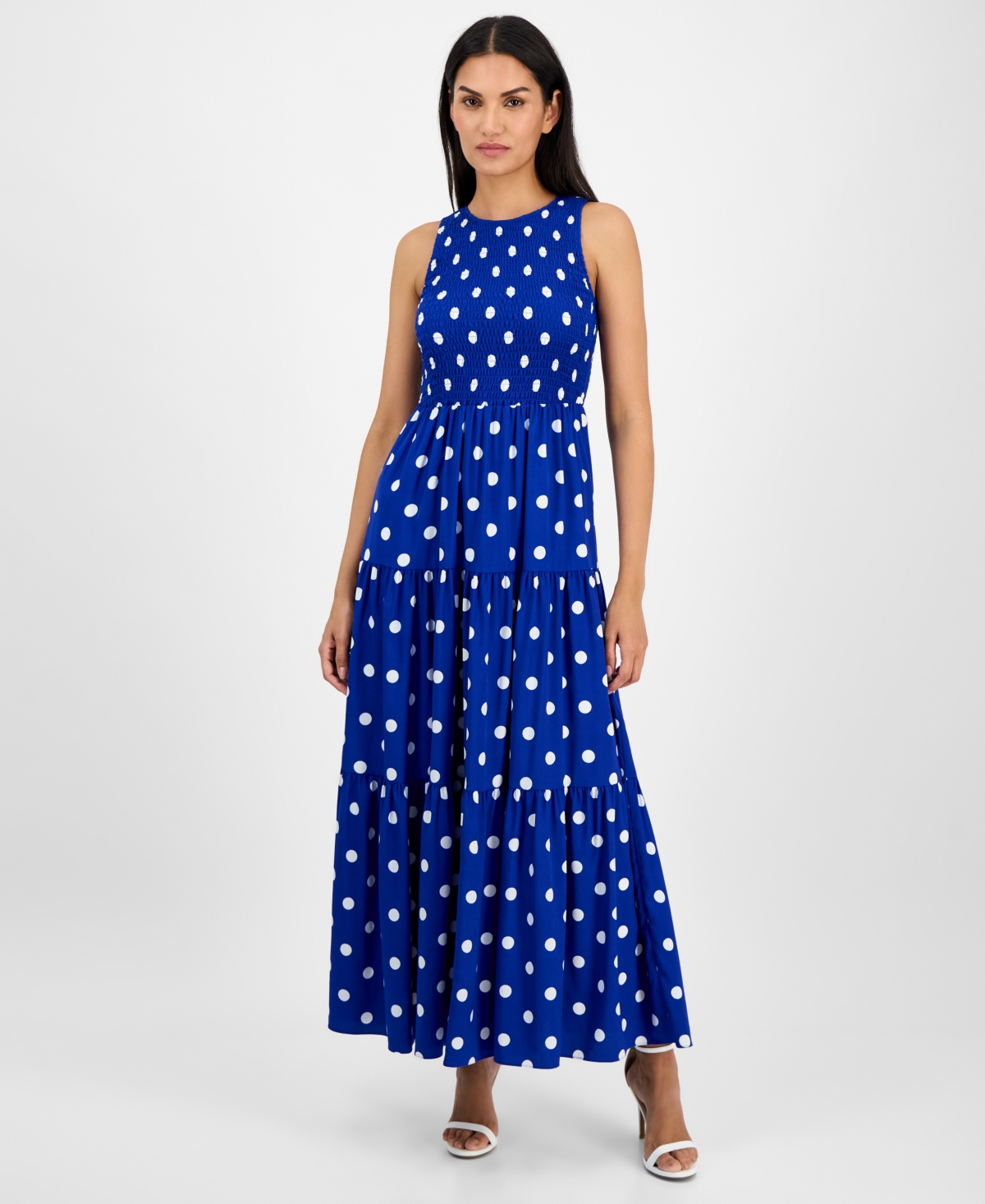 Shop Anne Klein Women's Printed Smocked Tiered Maxi Dress In Santorini Blue,bright White