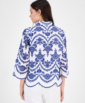 Petite Cotton Eyelet-Embroidered Scalloped-Hem Blouse