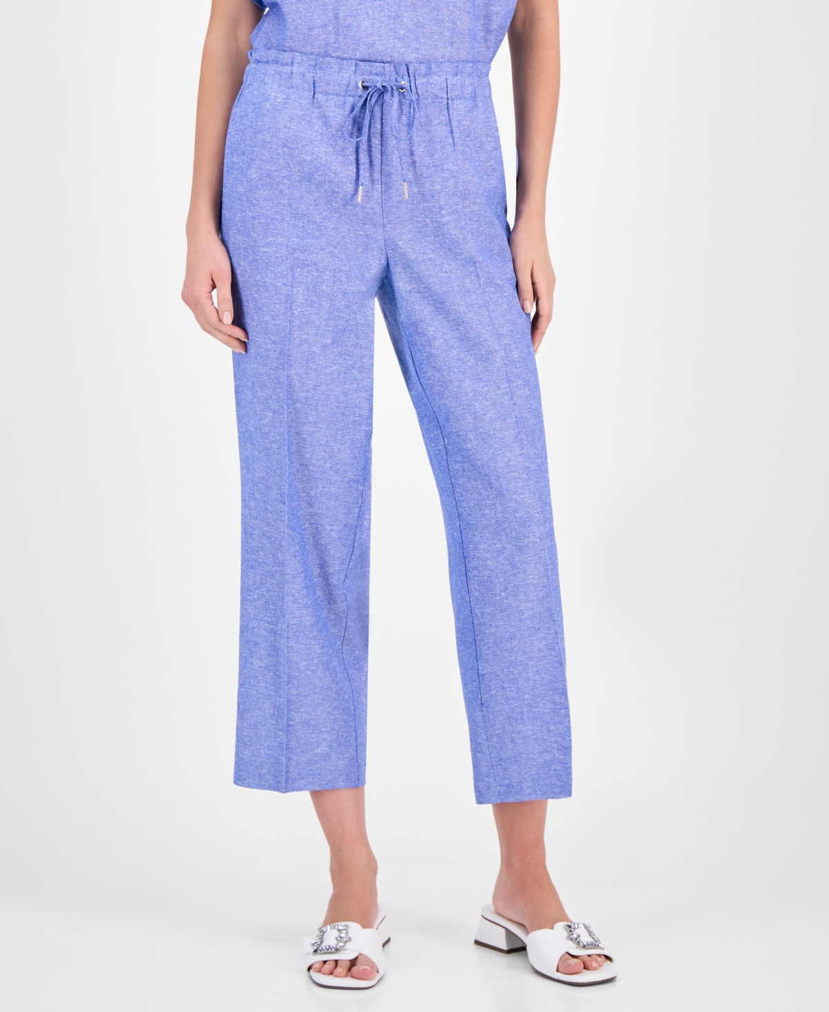 Shop Anne Klein Women's Drawstring-waist Ankle Pants In Santorini Blue,bright White