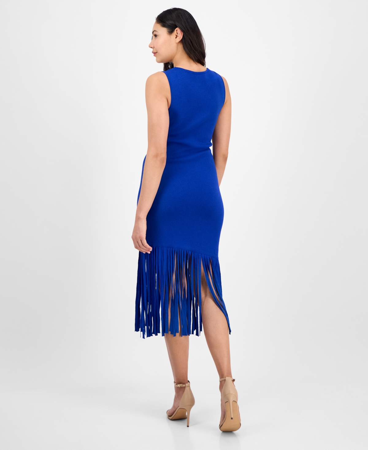 Anne Klein Asymmetric Fringe Hem Knit Dress In Santorini Blue