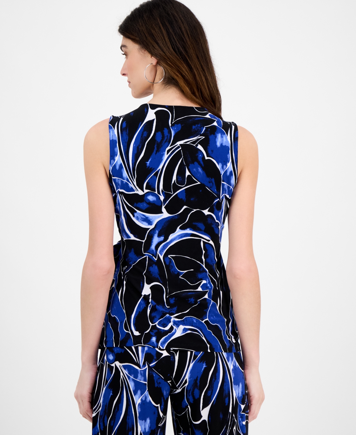 Anne Klein Floral Sleeveless Knit Wrap Top In Blue